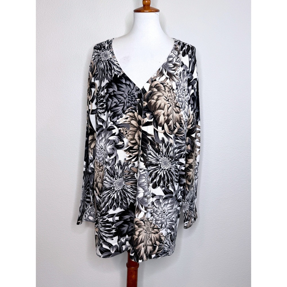 ISAAC MIZRAHI Live Floral Long Cardigan XL Cotton Black Gray Tan Office Travel